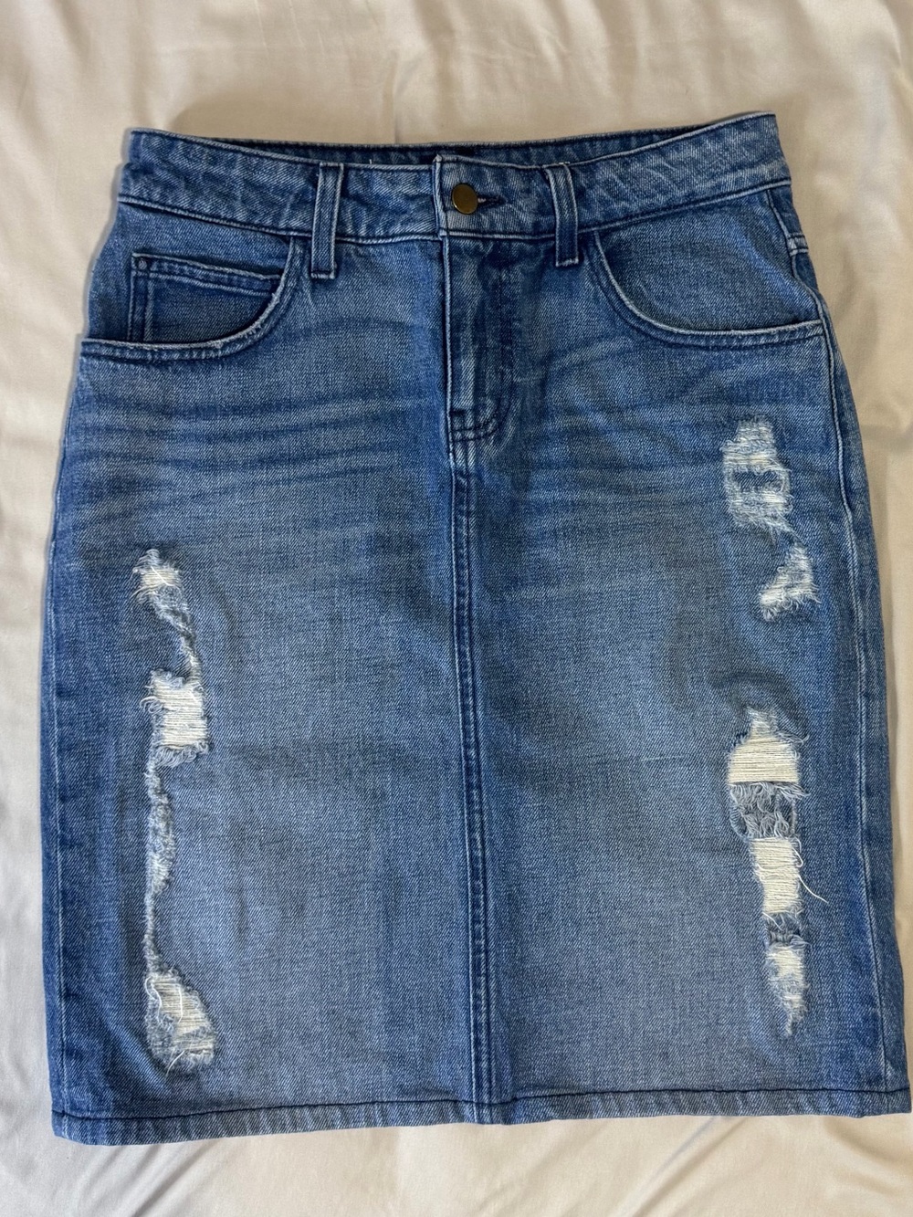 Blue Distressed Denim Pencil Skirt